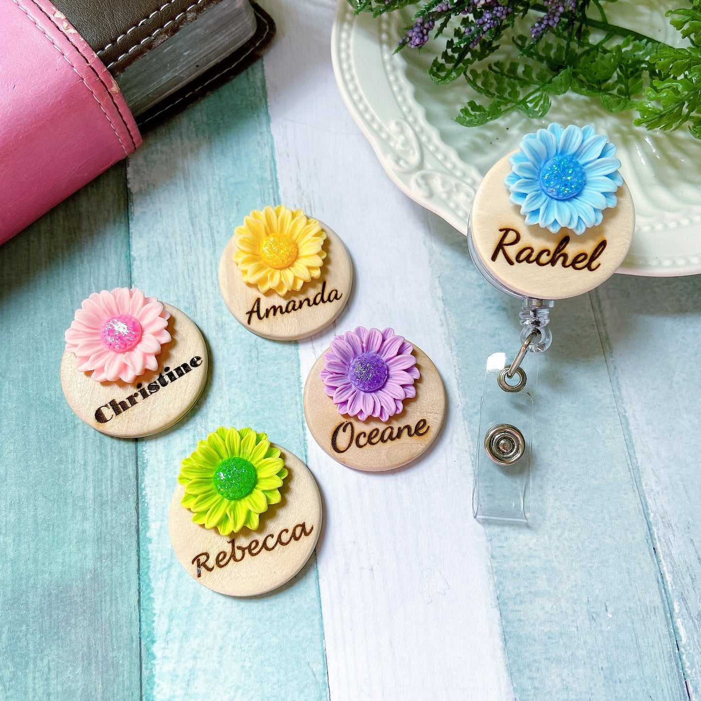 3D Glitted Yellow Daisy Flower Personalized Name Badge Reel