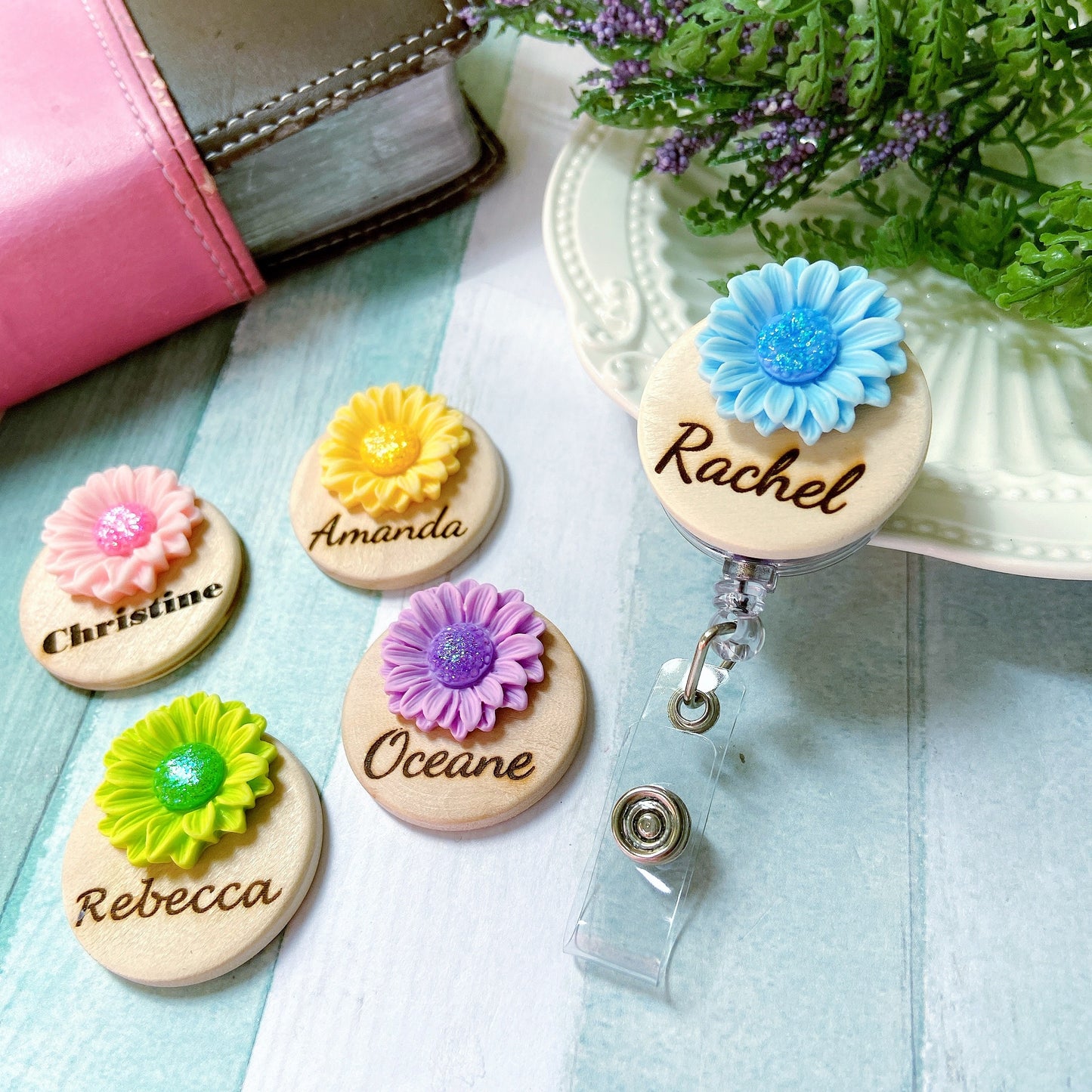 3D Glitted Yellow Daisy Flower Personalized Name Badge Reel
