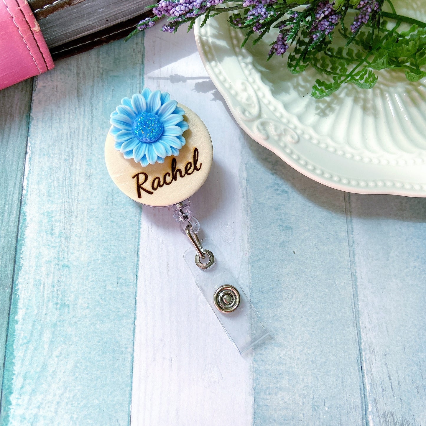 3D Glitted Yellow Daisy Flower Personalized Name Badge Reel
