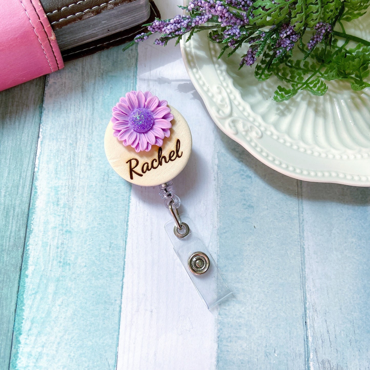 3D Glitted Yellow Daisy Flower Personalized Name Badge Reel