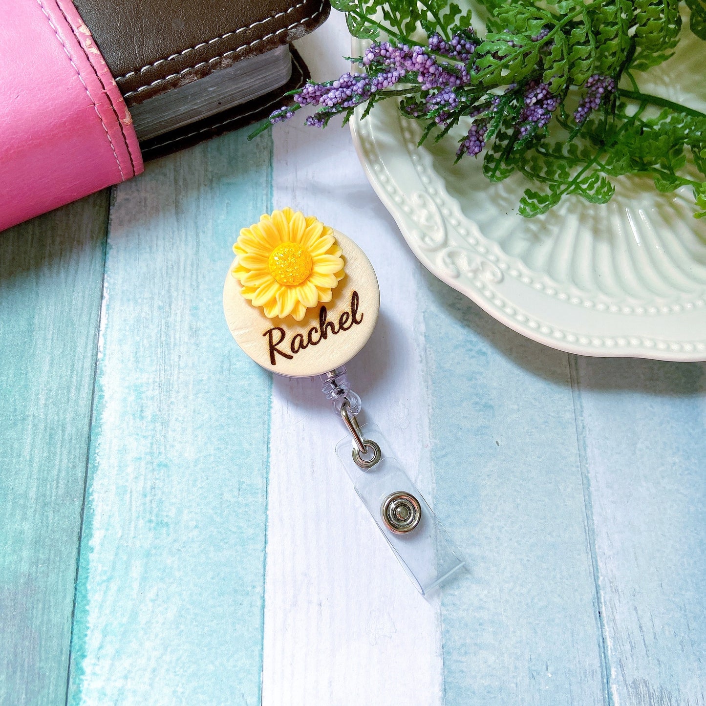 3D Glitted Yellow Daisy Flower Personalized Name Badge Reel