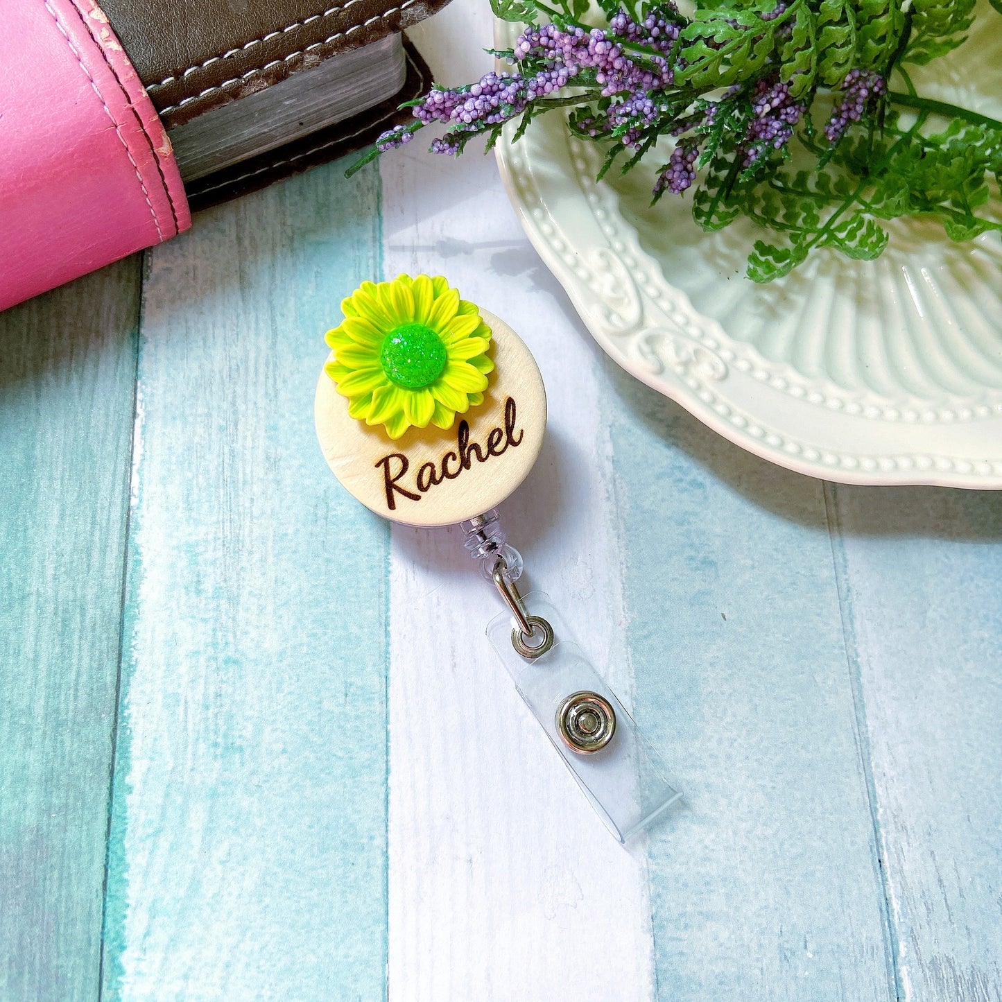 3D Glitted Yellow Daisy Flower Personalized Name Badge Reel