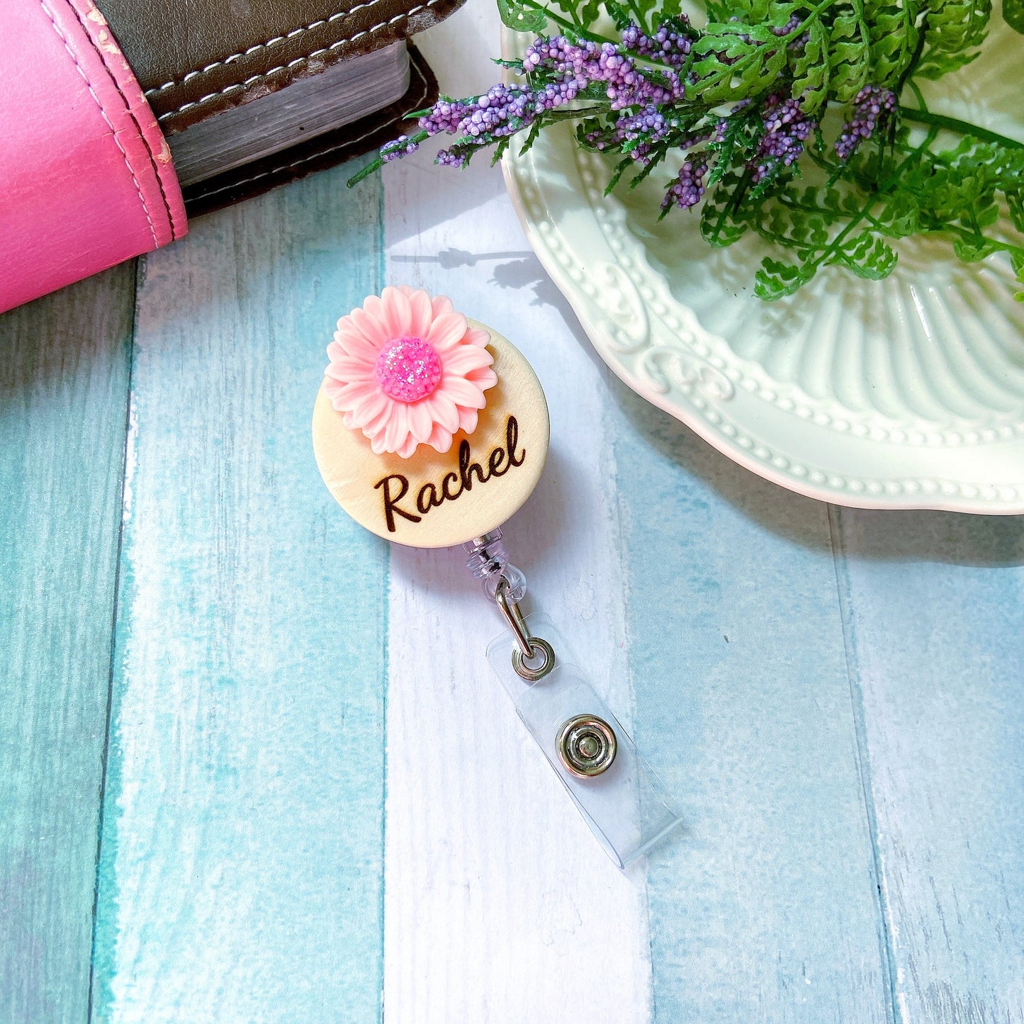 3D Glitted Yellow Daisy Flower Personalized Name Badge Reel