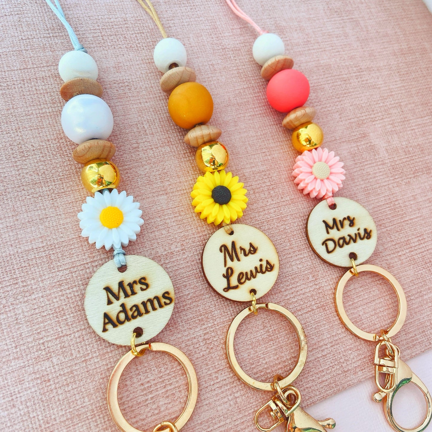 Daisy Flower with Pearl Clay Beads Teacher Lanyard