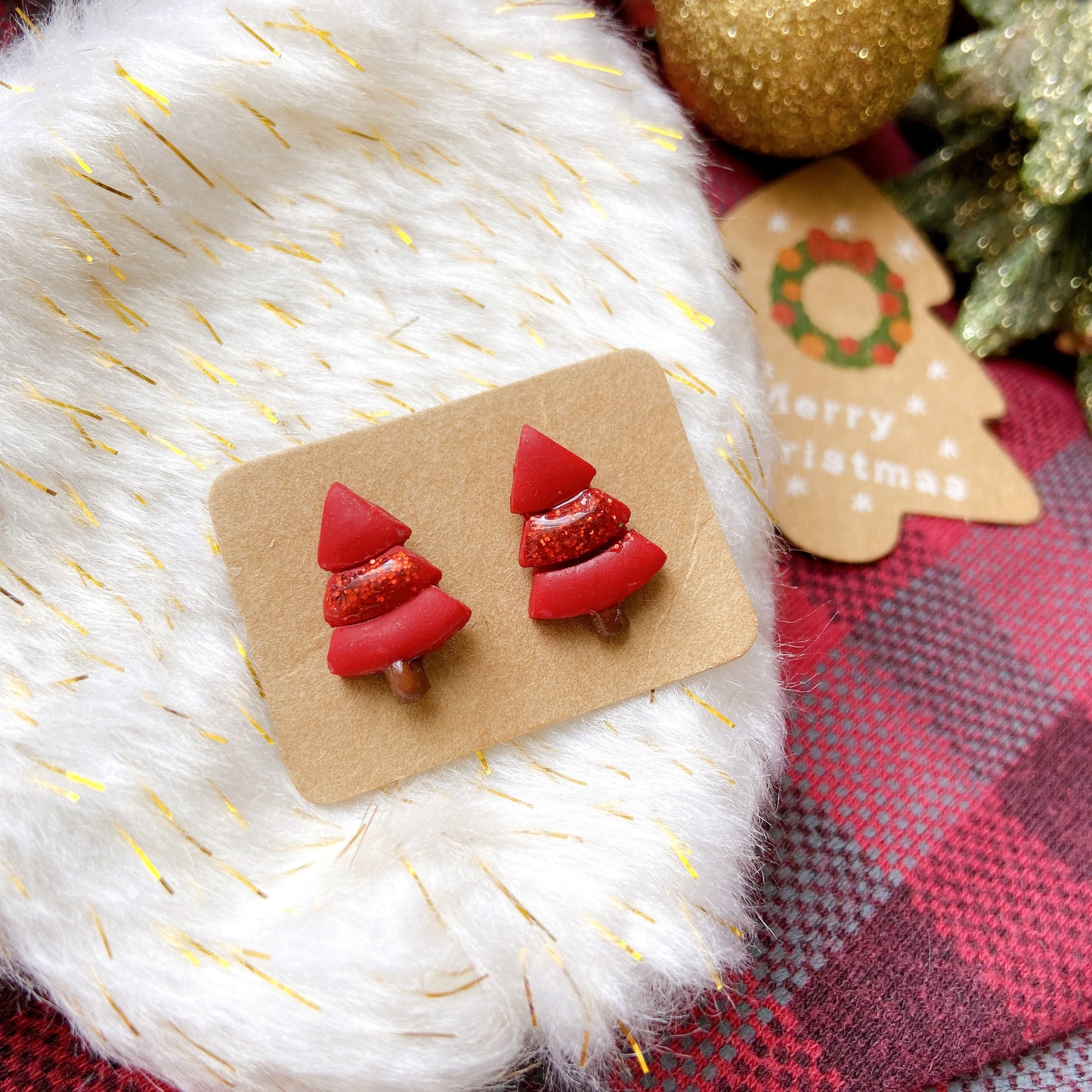 Glitter Christmas Tree Polymer Clay Hypoallergenic Stud Earrings