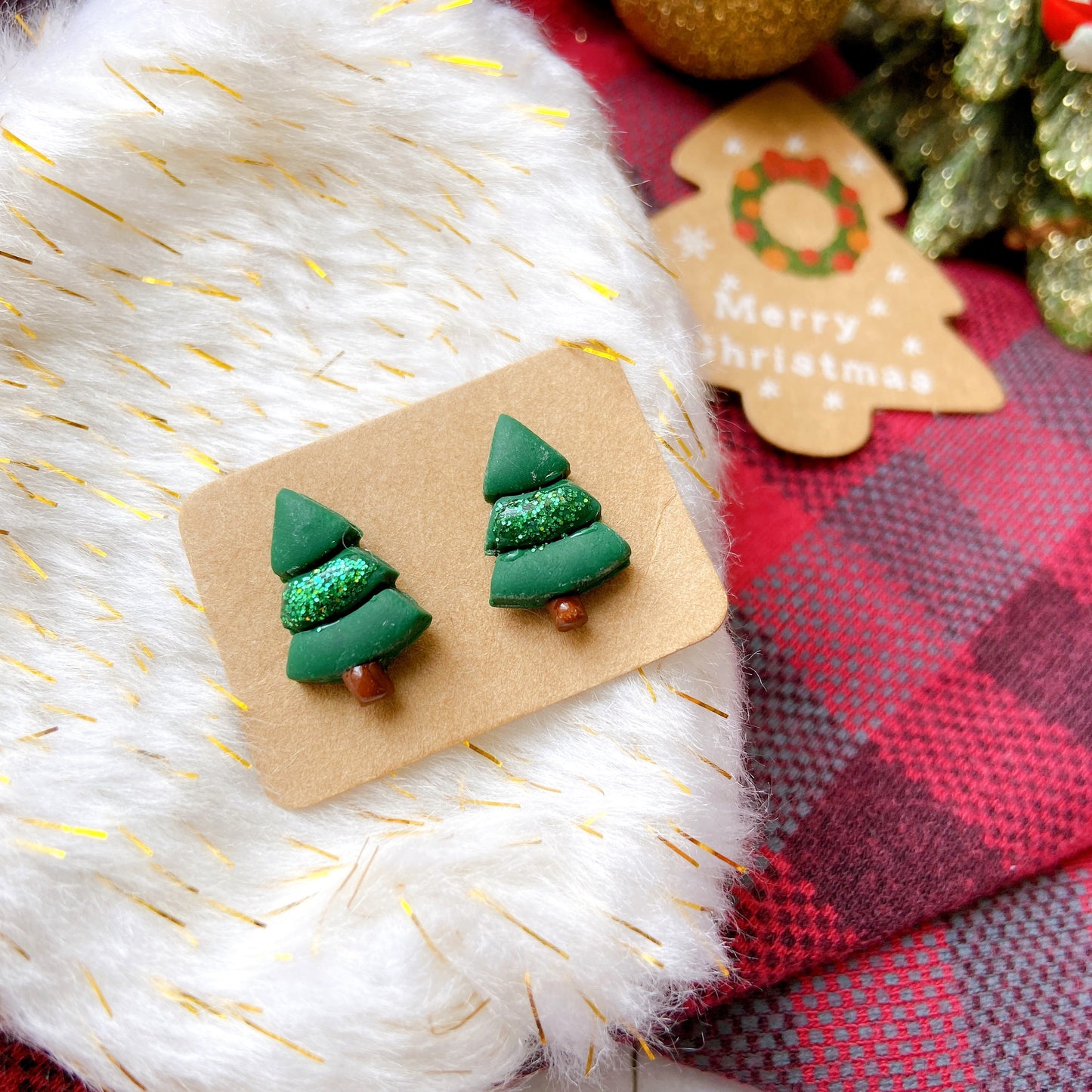 Glitter Christmas Tree Polymer Clay Hypoallergenic Stud Earrings