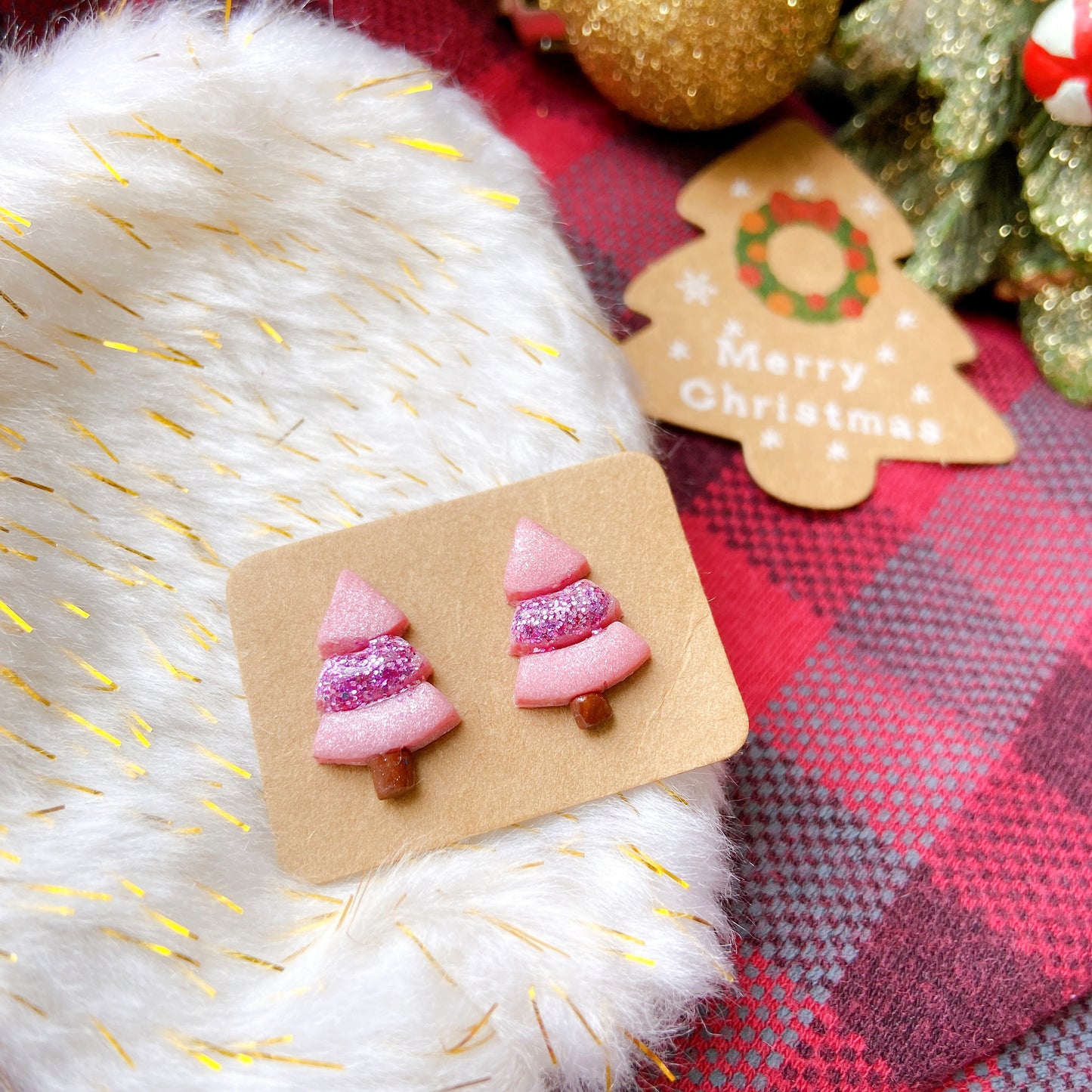Glitter Christmas Tree Polymer Clay Hypoallergenic Stud Earrings