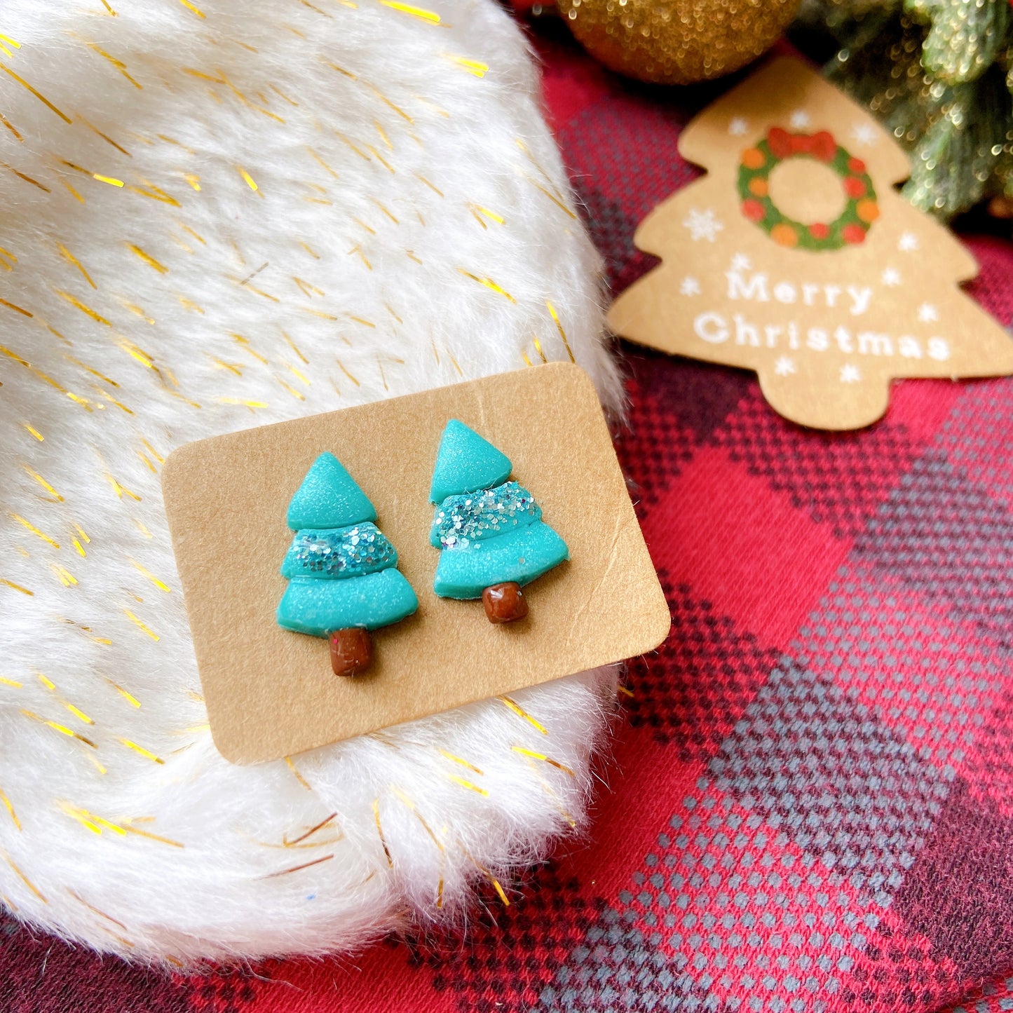 Glitter Christmas Tree Polymer Clay Hypoallergenic Stud Earrings