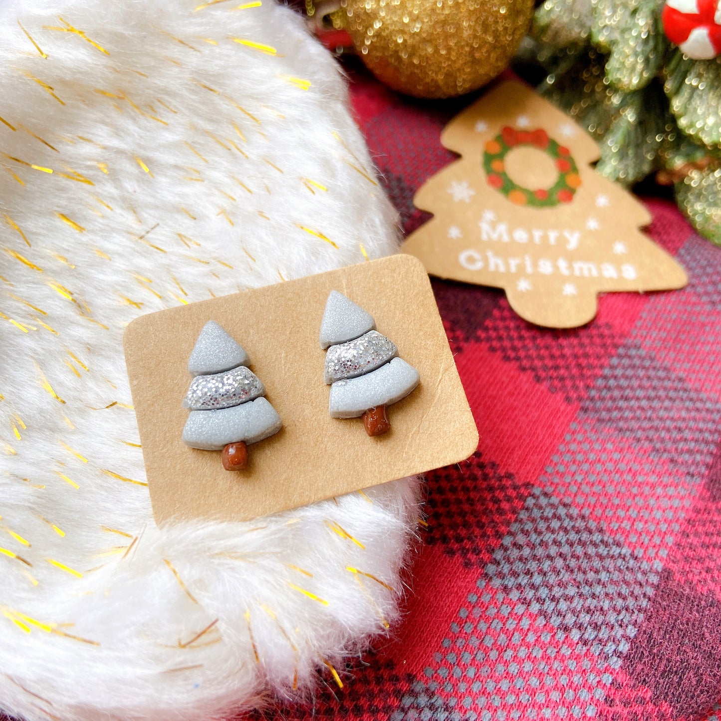 Glitter Christmas Tree Polymer Clay Hypoallergenic Stud Earrings