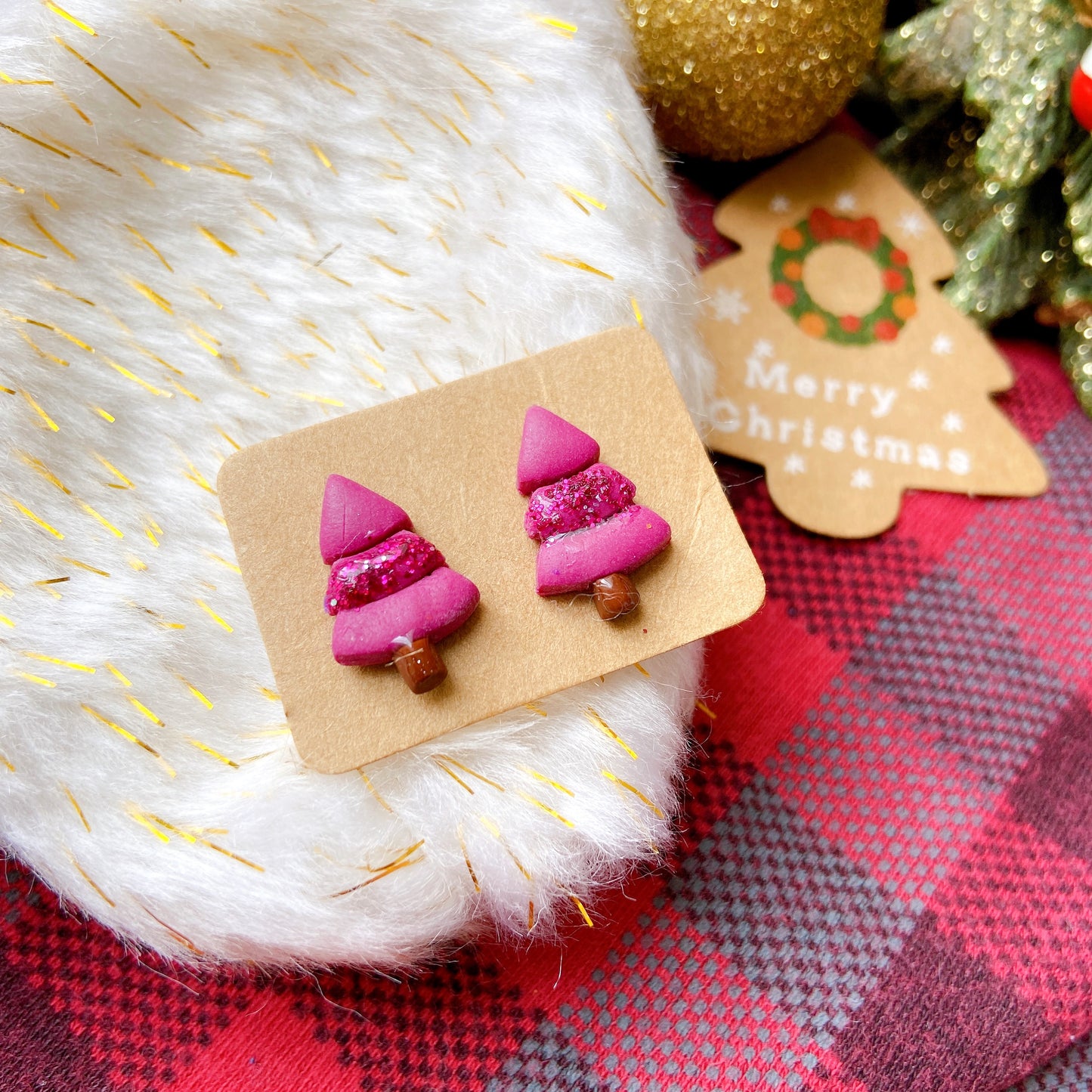 Glitter Christmas Tree Polymer Clay Hypoallergenic Stud Earrings