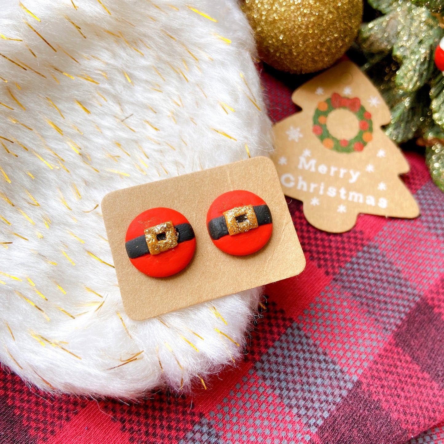 Christmas Santa's Belt Polymer Clay Hypoallergenic Stud Earrings