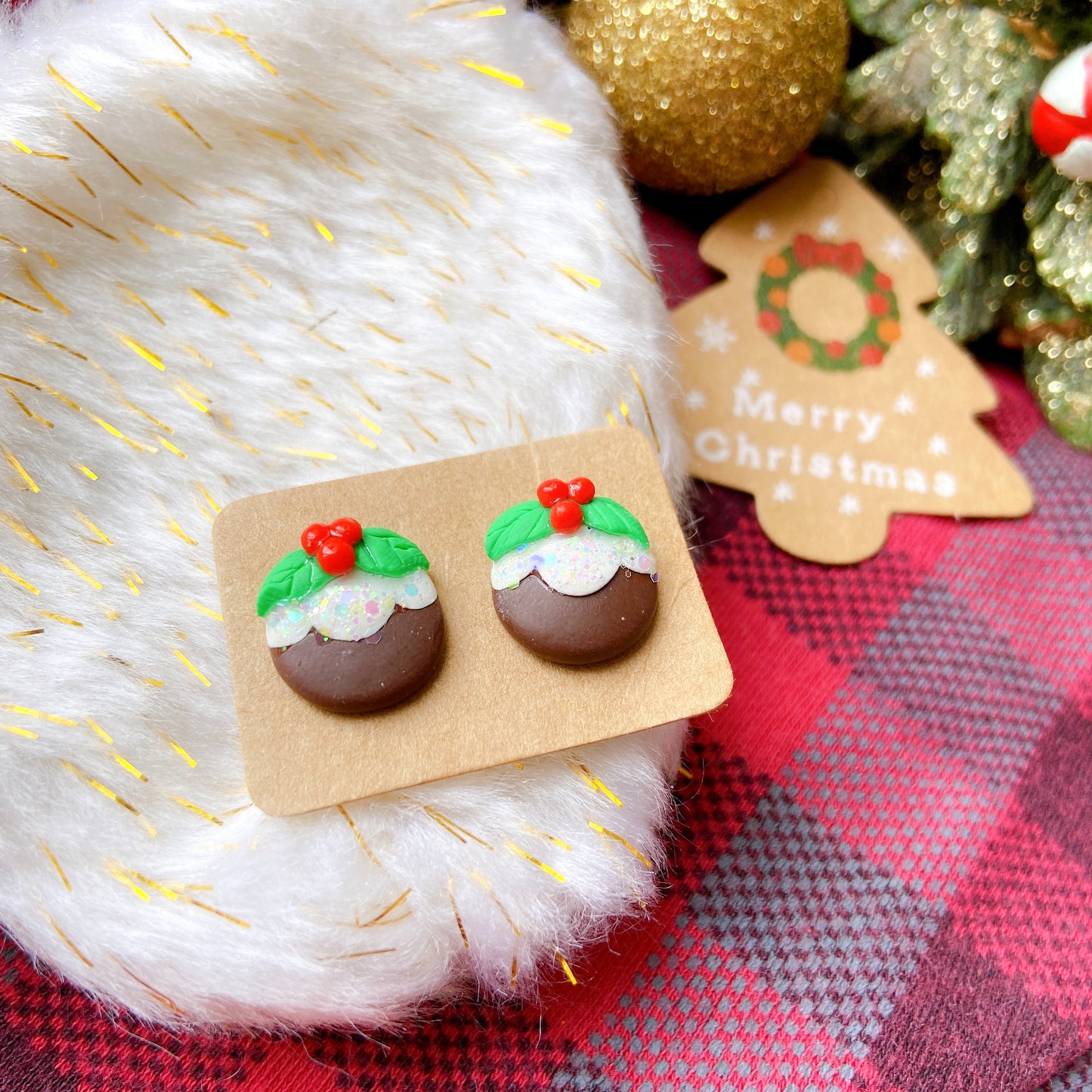 Christmas Pudding Polymer Clay Hypoallergenic Stud Earrings