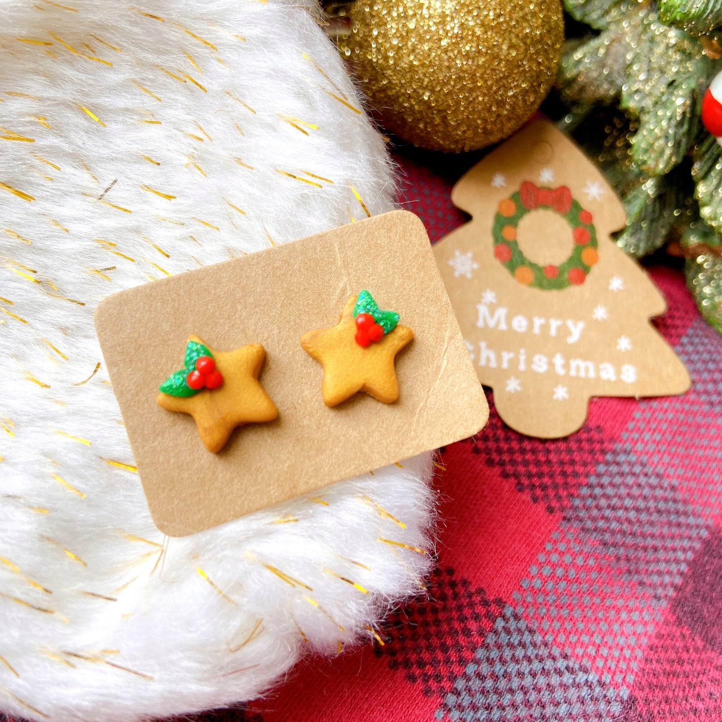Christmas Golden Star Polymer Clay Hypoallergenic Stud Earrings