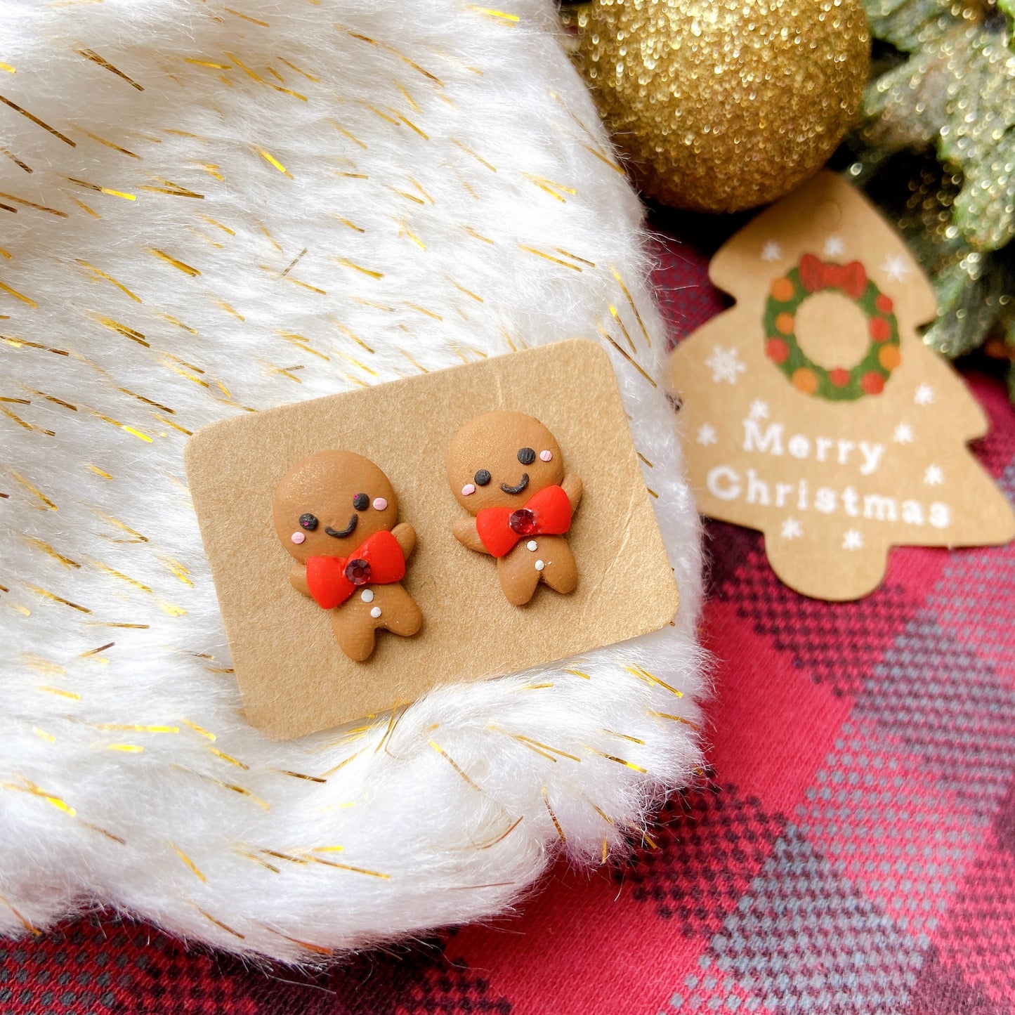 Christmas Gingerbread Man Polymer Clay Hypoallergenic Stud Earrings