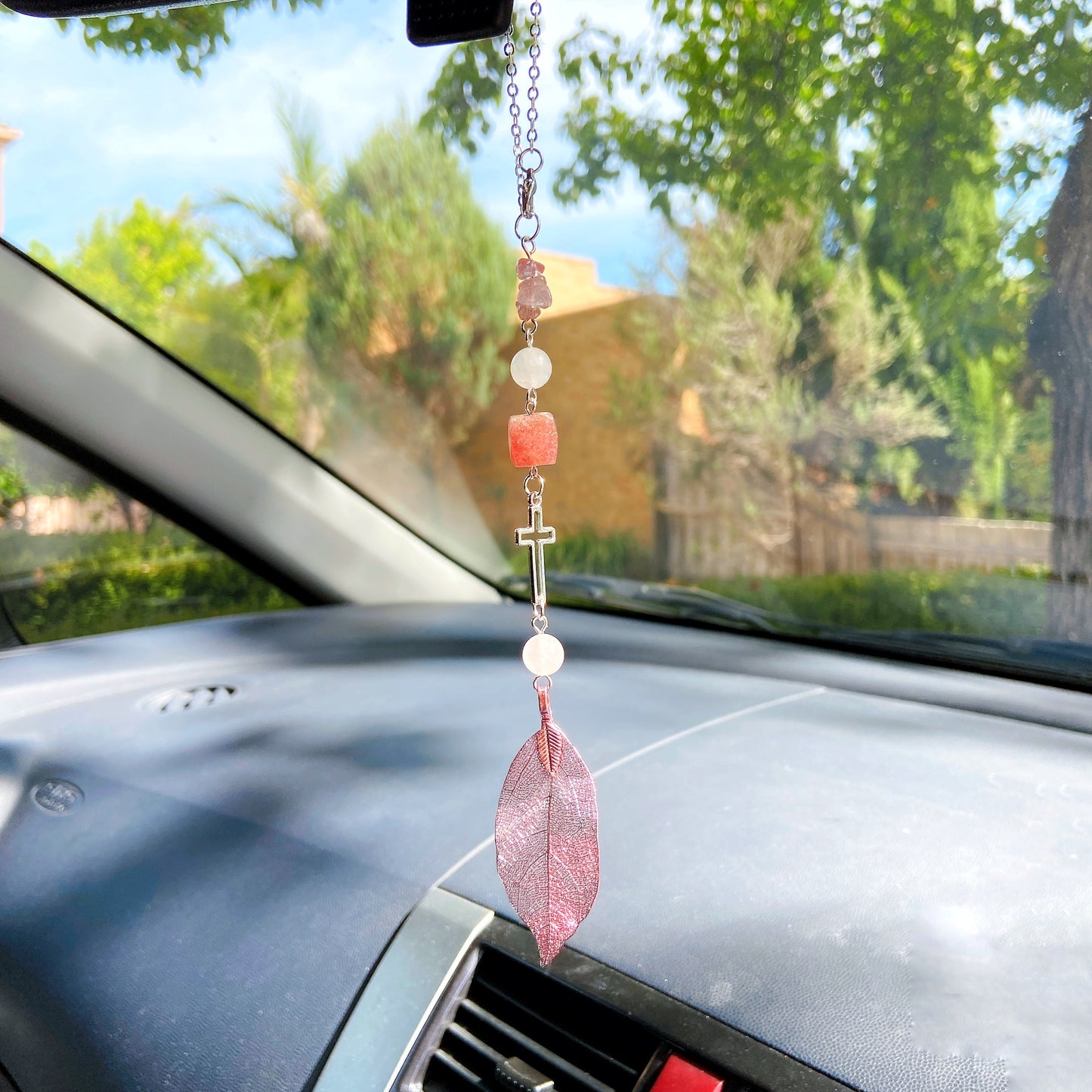 Strawberry Quartz with Metal Leaf Pendant Beaded Hanging Cross Car Charm