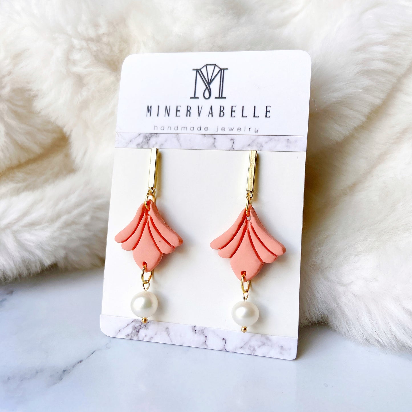 Coral Pink Ginkgo Petal Earrings with Freshwater Pearl – Elegant Collection