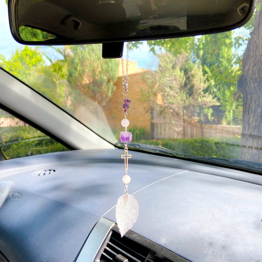 Amethyst with Metal Leaf Pendant Beaded Hanging Cross Car Charm