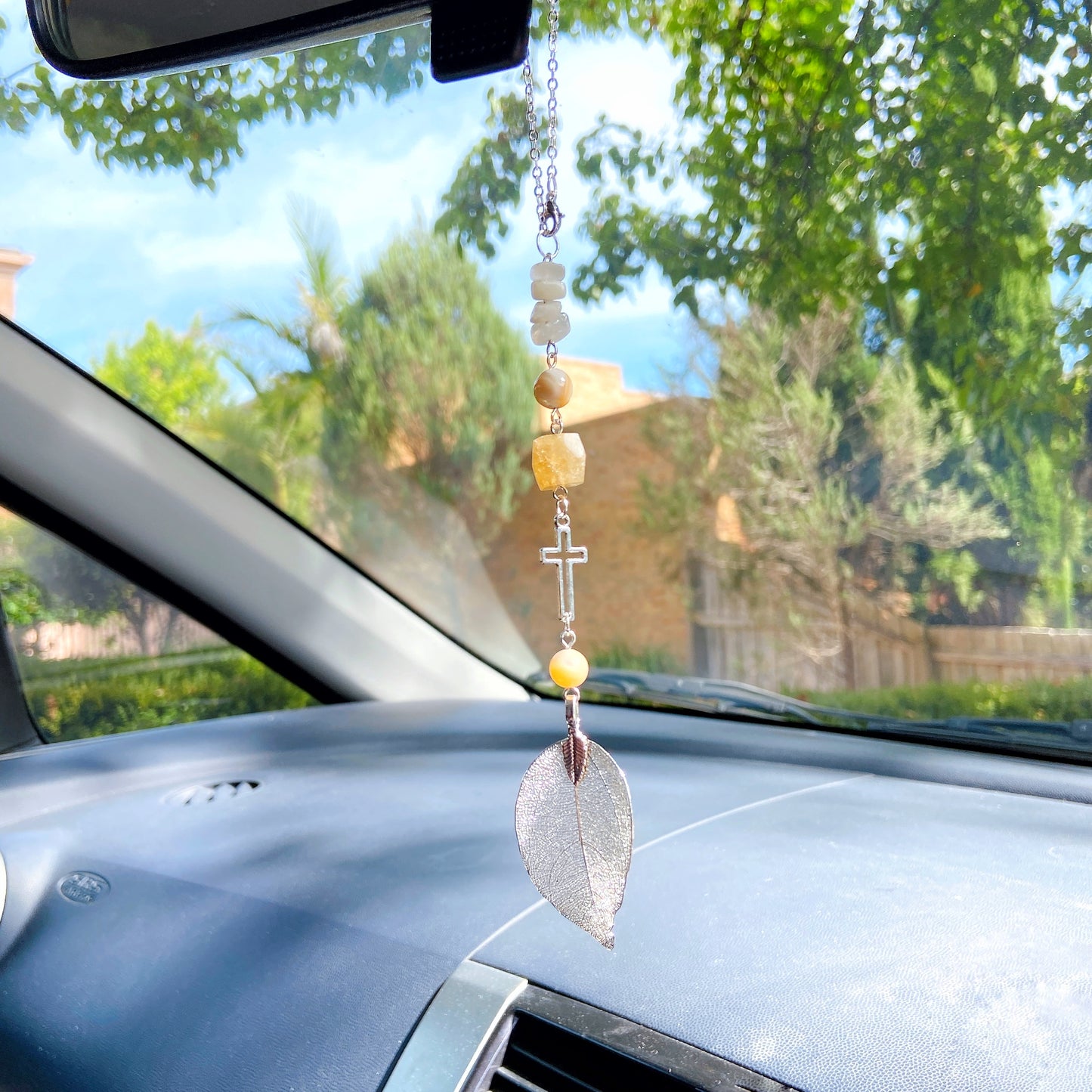 Citrine with Metal Leaf Pendant Beaded Hanging Cross Car Charm (Copy)