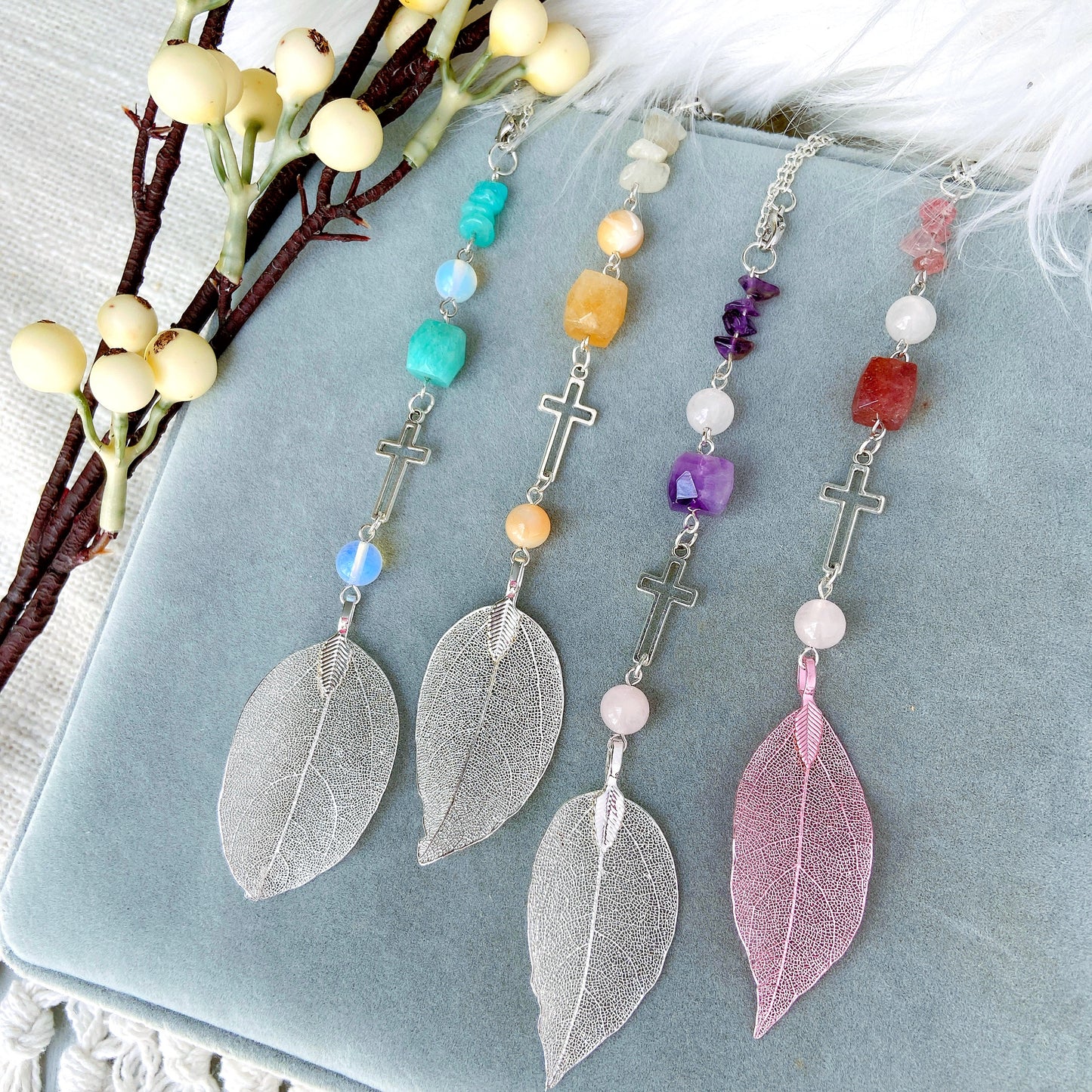 Strawberry Quartz with Metal Leaf Pendant Beaded Hanging Cross Car Charm