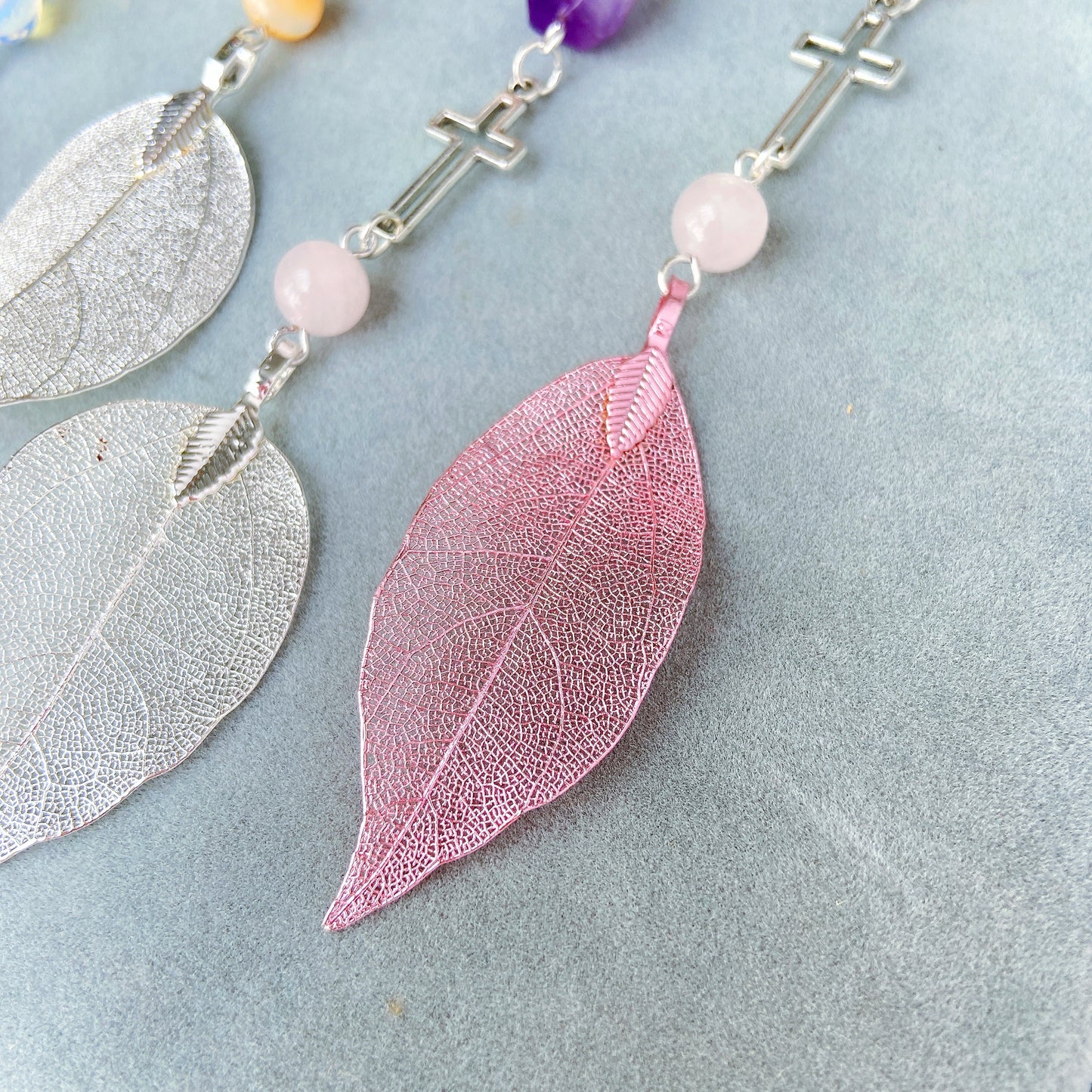 Strawberry Quartz with Metal Leaf Pendant Beaded Hanging Cross Car Charm