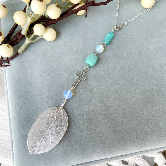 Amazonite with Metal Leaf Pendant Beaded Hanging Cross Car Charm