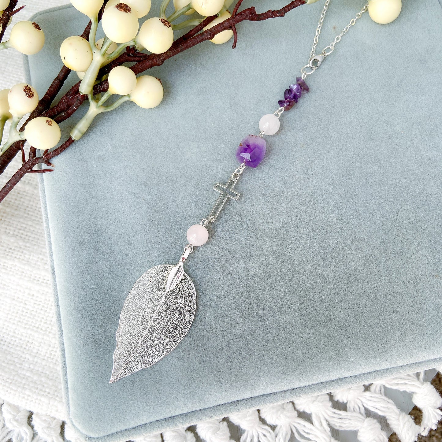 Strawberry Quartz with Metal Leaf Pendant Beaded Hanging Cross Car Charm