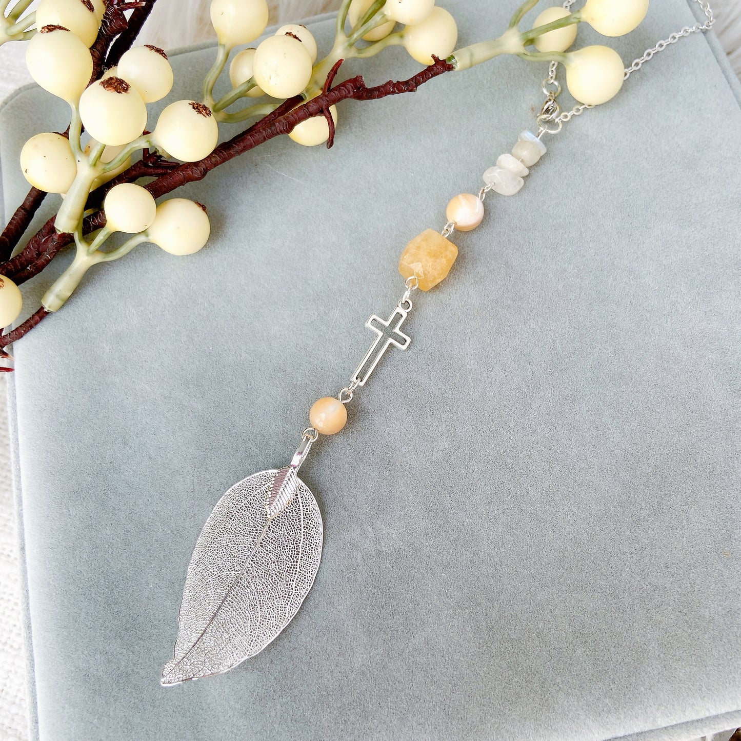 Strawberry Quartz with Metal Leaf Pendant Beaded Hanging Cross Car Charm