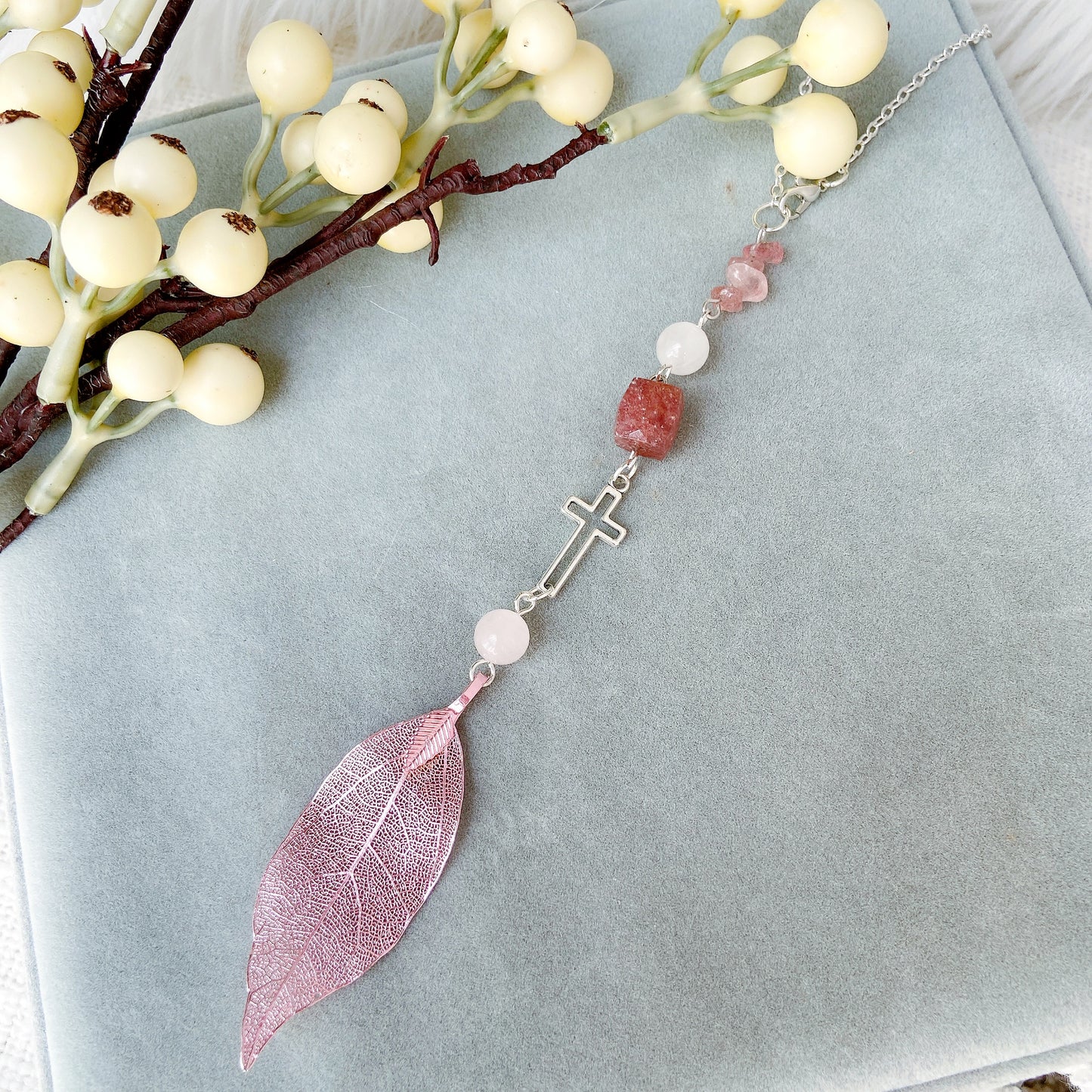 Strawberry Quartz with Metal Leaf Pendant Beaded Hanging Cross Car Charm