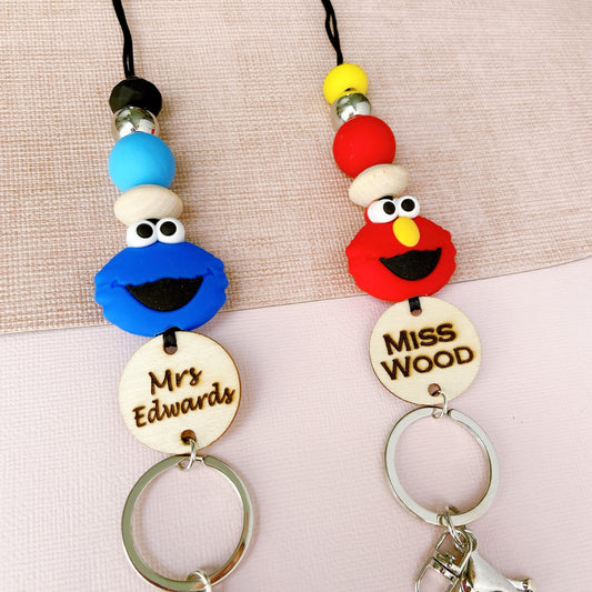 Elmo and Cookie Monster Personalized Name Teacher ID Key Lanyard
