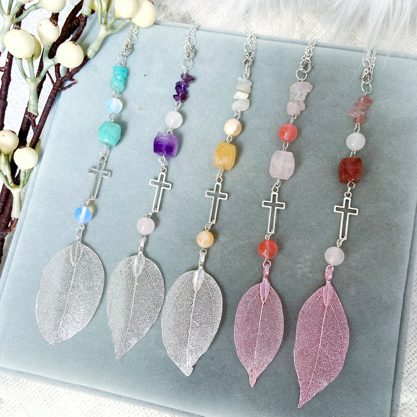 Strawberry Quartz with Metal Leaf Pendant Beaded Hanging Cross Car Charm