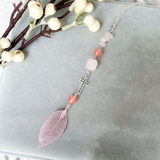 Rose Quartz with Metal Leaf Pendant Beaded Hanging Cross Car Charm