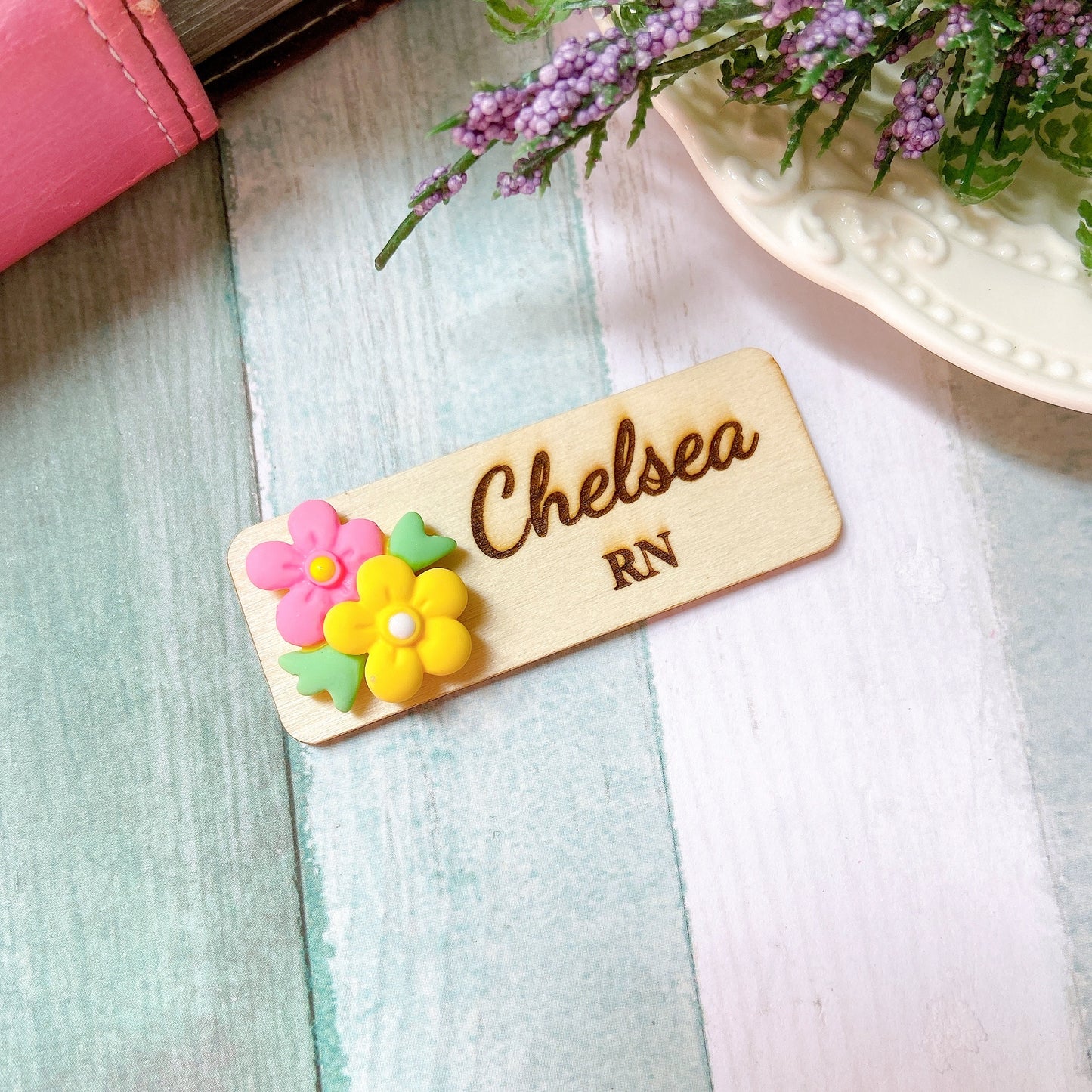 3D Blue and Pink Flower Bouquet Personalised Name Tag