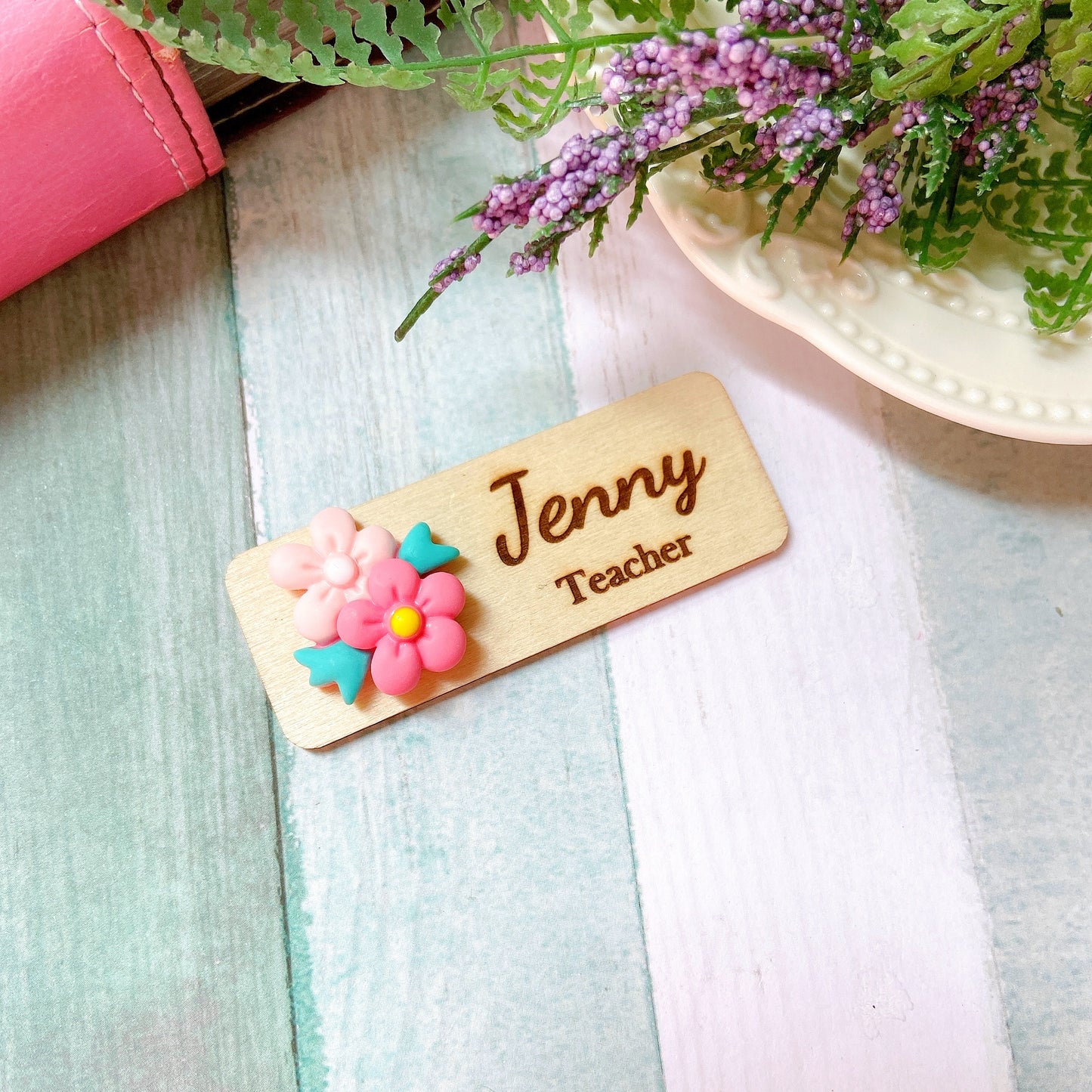 3D Blue and Pink Flower Bouquet Personalised Name Tag