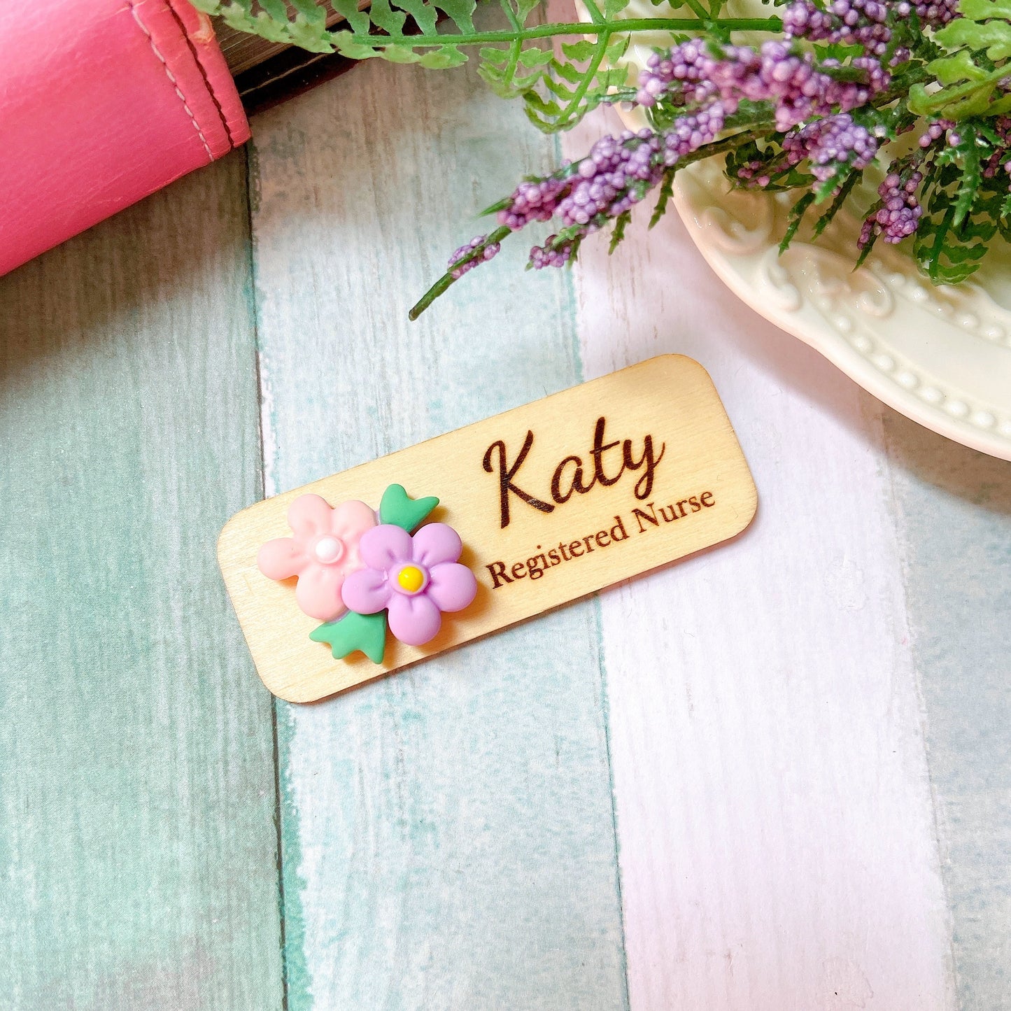 3D Blue and Pink Flower Bouquet Personalised Name Tag