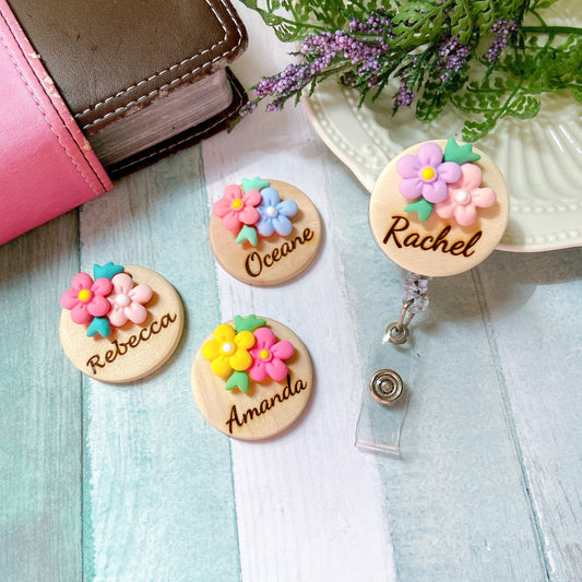 3D Blue & Pink Flower Bouquet Personalized Name Badge Reel