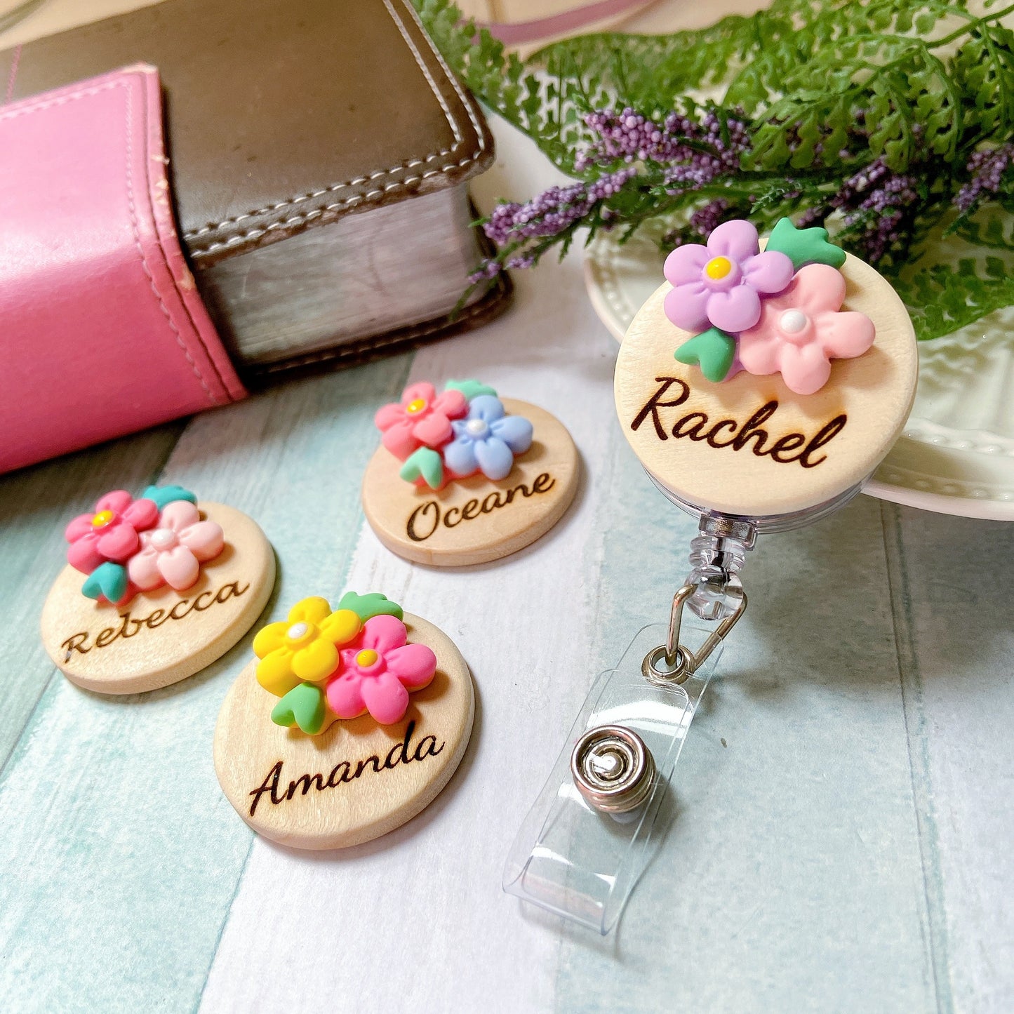 3D Blue & Pink Flower Bouquet Personalized Name Badge Reel