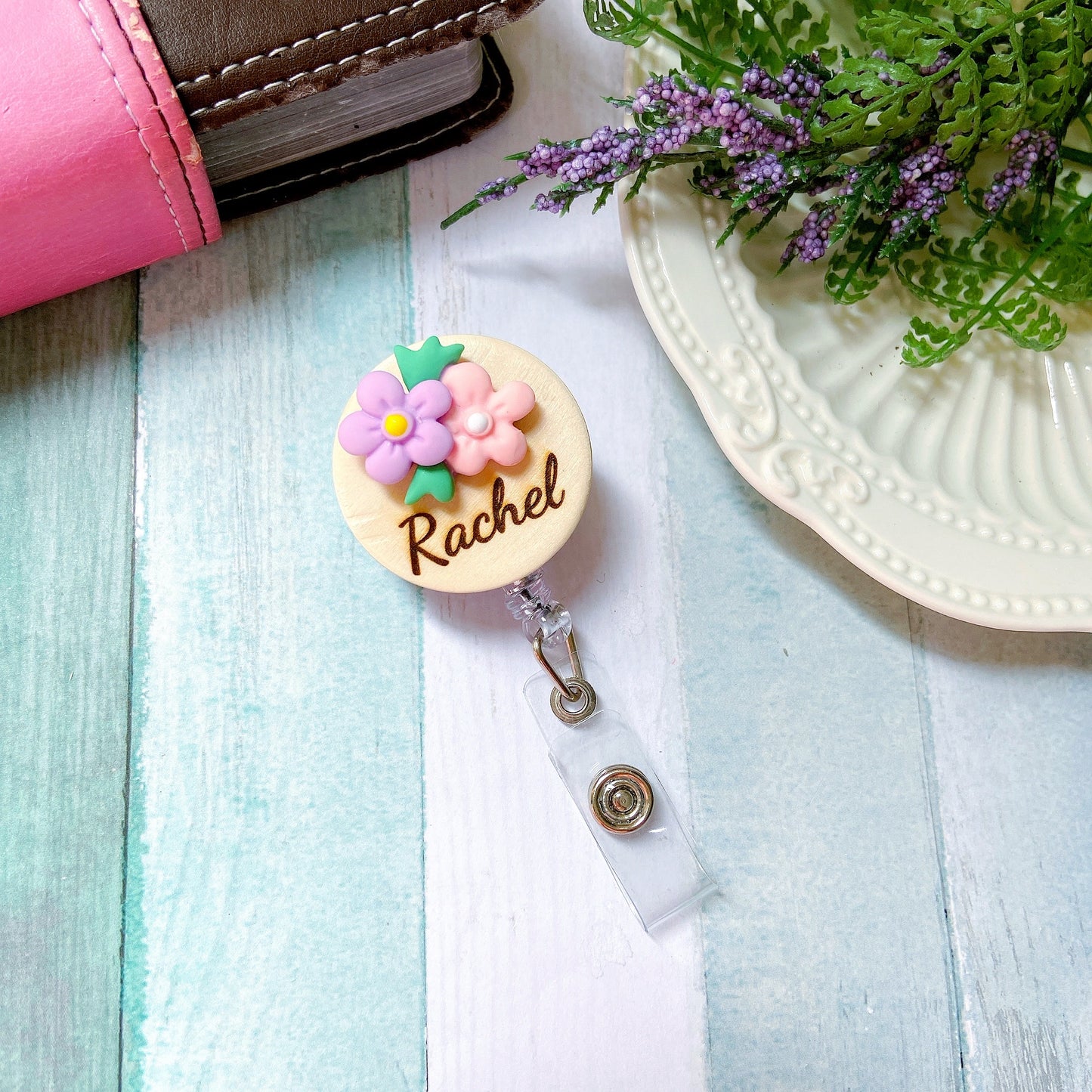 3D Blue & Pink Flower Bouquet Personalized Name Badge Reel