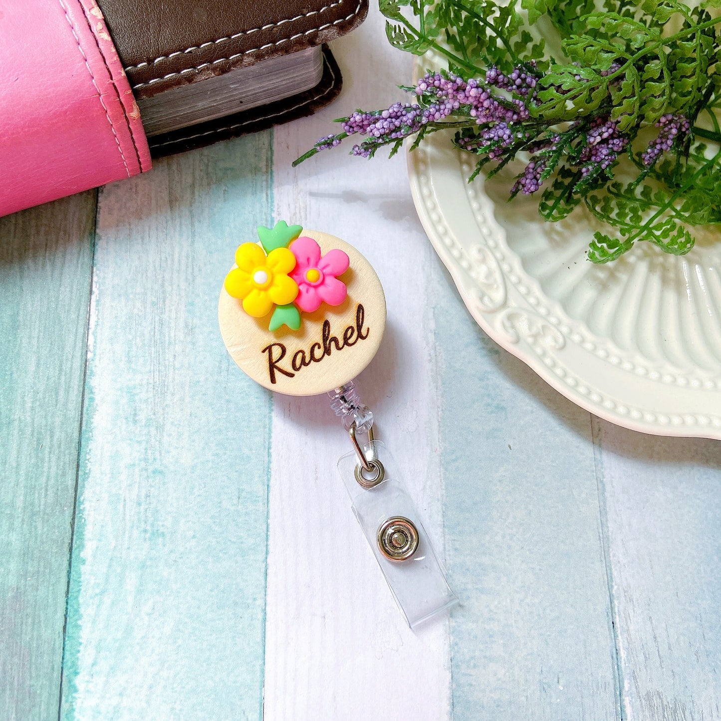 3D Blue & Pink Flower Bouquet Personalized Name Badge Reel