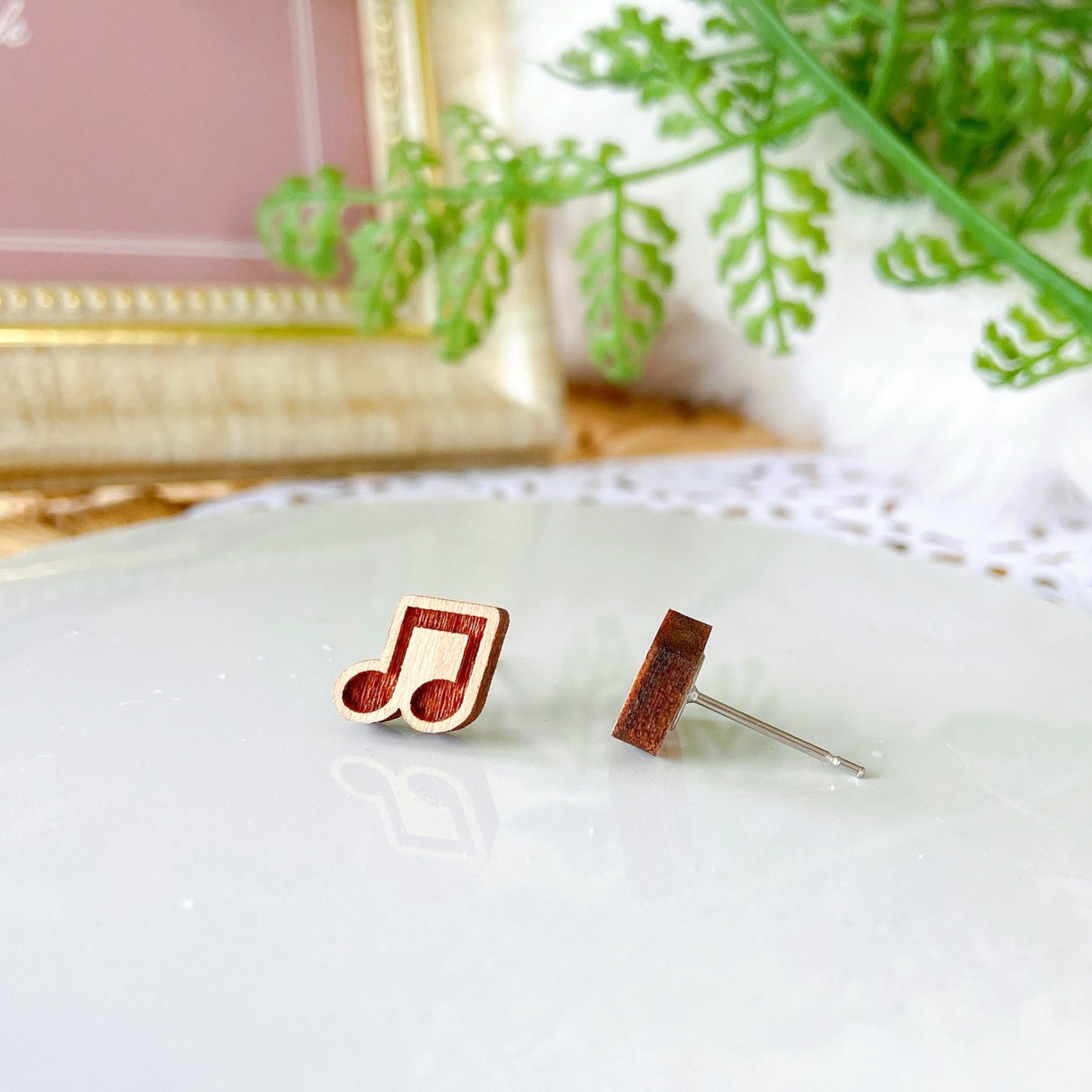 Wooden Music Note Hypoallergenic Earring Studs