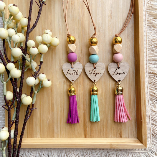 Wooden Heart Tassel Car Diffuser Hanging Charm (Faith · Hope · Love)