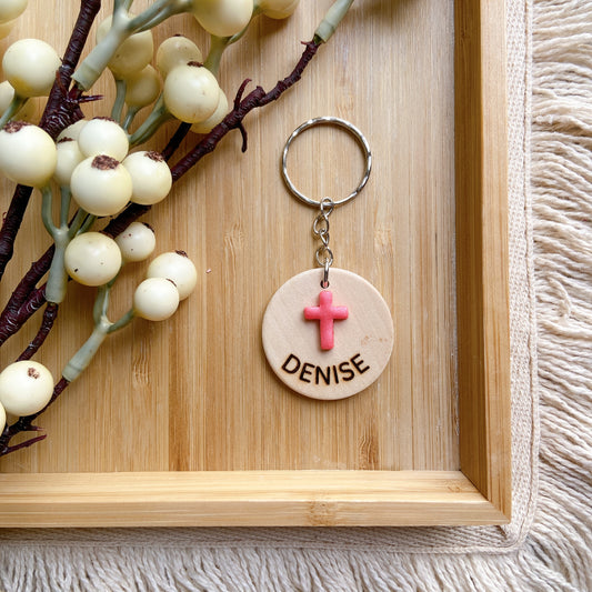 Personalized Wooden Cross Keychain with Name – Handmade Christian Gift