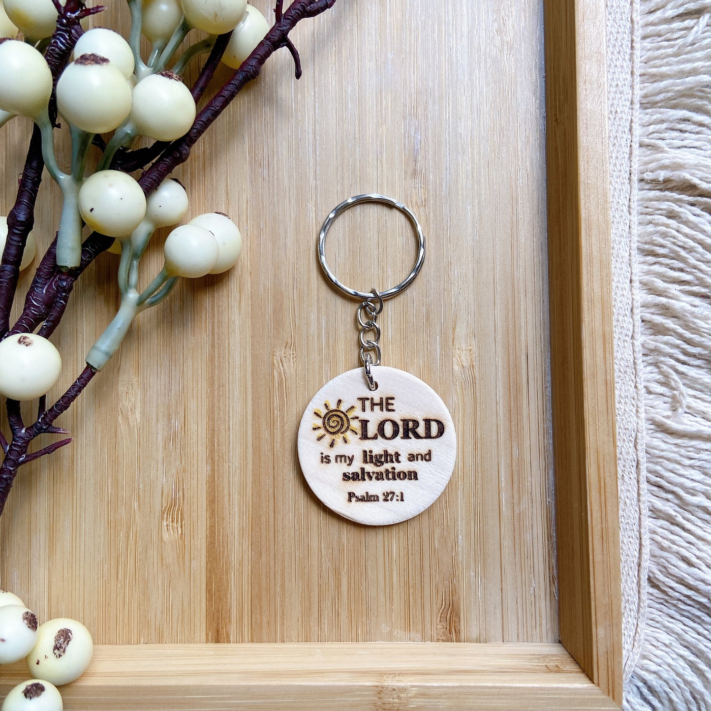 Bible Verse Wooden Keychain – “The Lord is My Light and Salvation” (Psalm 27:1)