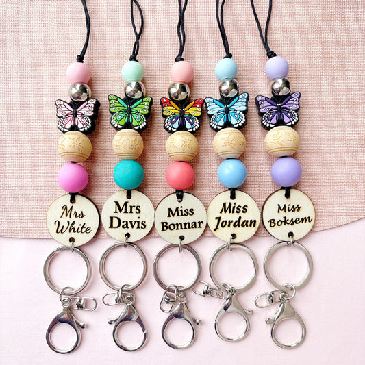 Butterfly Personalized Name Teacher ID Key Lanyard