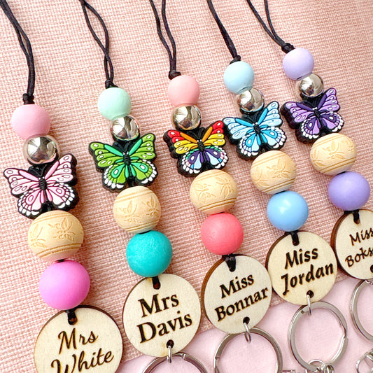 Butterfly Personalized Name Teacher ID Key Lanyard