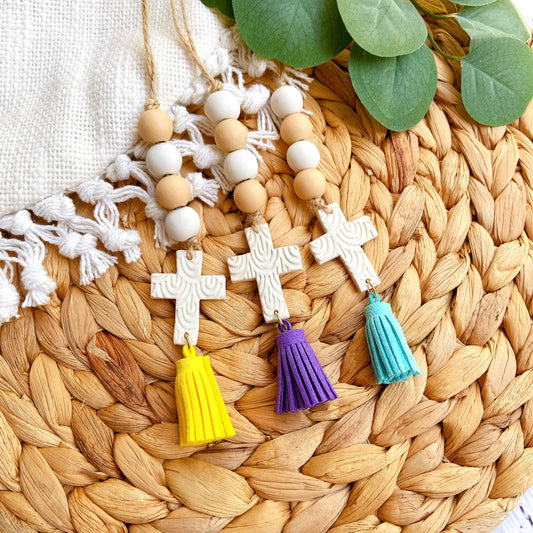 Handmade Cross Car Charm with Wooden Beads and Suede Tassel