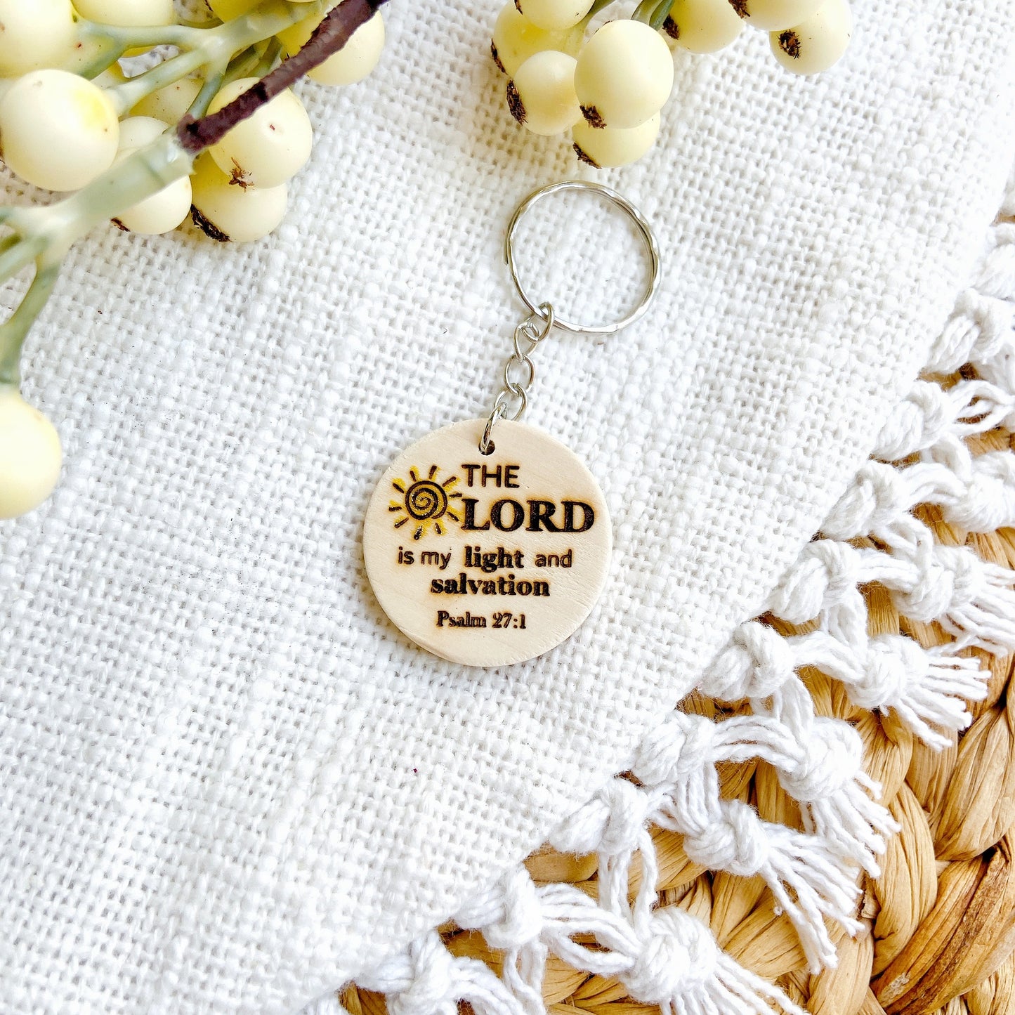 Bible Verse Wooden Keychain – “The Lord is My Light and Salvation” (Psalm 27:1)