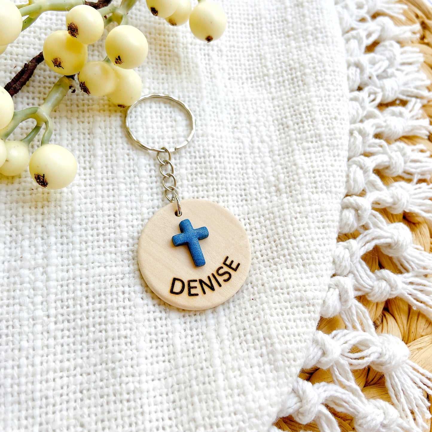 Personalized Wooden Cross Keychain with Name – Handmade Christian Gift