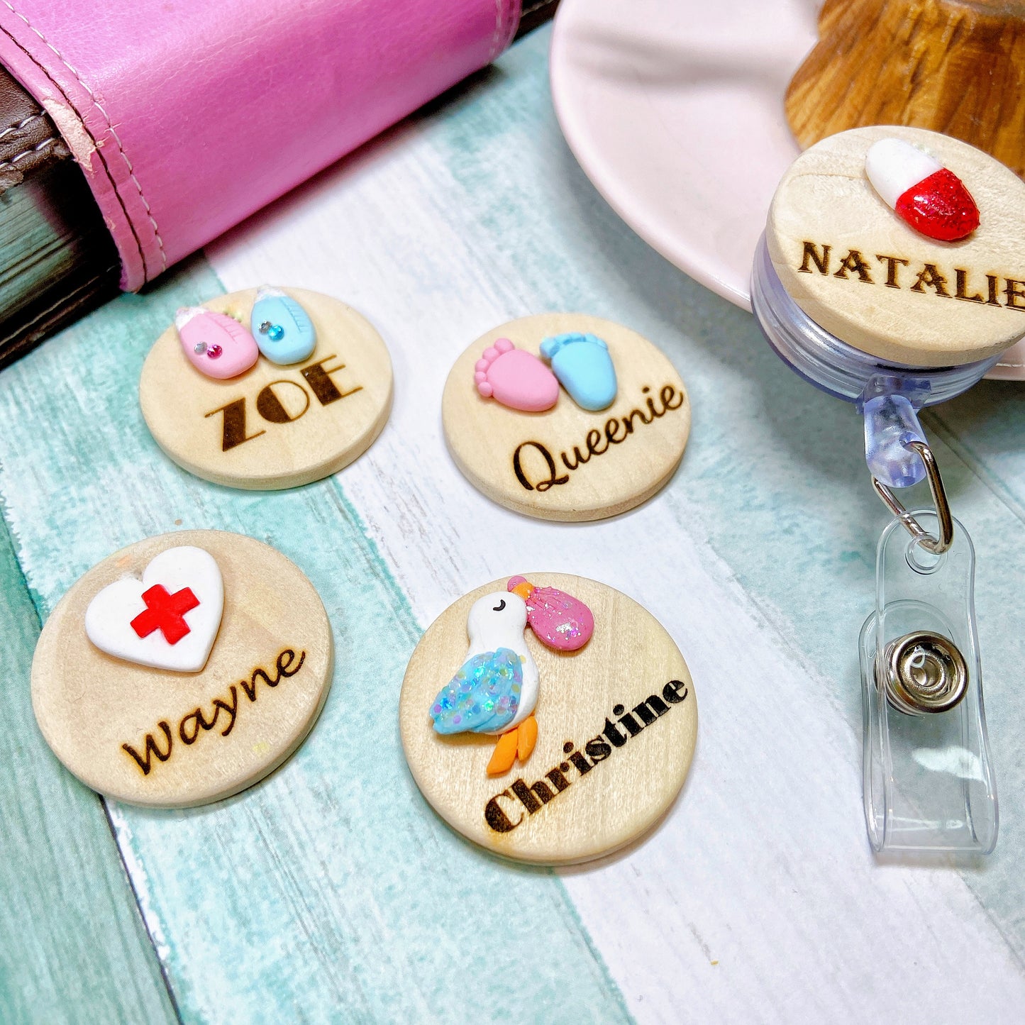 Handmade 3D Milk Bottle Obstetrics Midwife Personalized Name Badge Reel