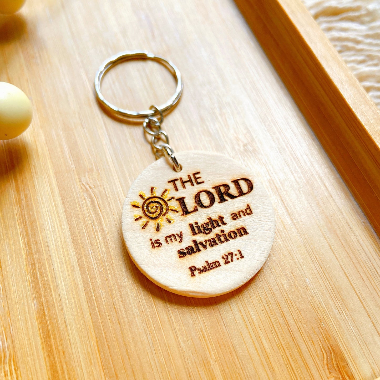 Bible Verse Wooden Keychain – “The Lord is My Light and Salvation” (Psalm 27:1)