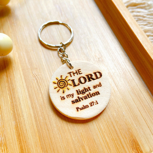 Bible Verse Wooden Keychain – “The Lord is My Light and Salvation” (Psalm 27:1)